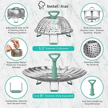 Stainless Steel Expandable Steamer Basket - Collapsible Steam Cooking Insert For Steaming Food, Vege...