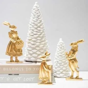 NEROSUN Resin Vintage Gold Bunny Decor Rabbit Figurines, Small Easter Bunny Figurine Set of 3, Vintage Easter Rabbit Statue Table for Home Decoration, Spring Easter Gift (2D Bunny Family)