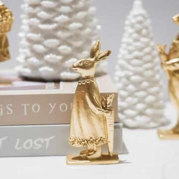 NEROSUN Resin Vintage Gold Bunny Decor Rabbit Figurines, Small Easter Bunny Figurine Set of 3, Vintage Easter Rabbit Statue Table for Home Decoration, Spring Easter Gift (2D Bunny Family)