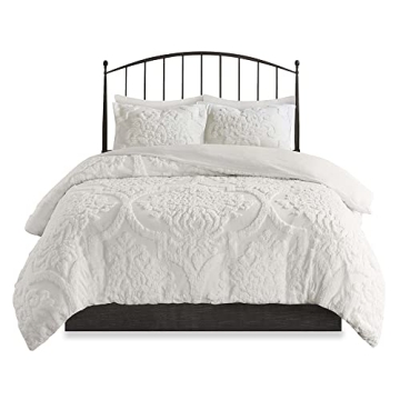 Madison Park Tufted Chenille 100% Cotton Duvet- Modern Luxe All Season Comforter Cover Bed Set with Matching Shams, King/Cal King(104"x92"), Damask Off White 3 Piece