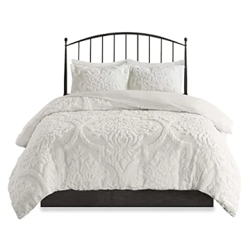 Madison Park Tufted Chenille 100% Cotton Duvet- Modern Luxe All Season Comforter Cover Bed Set with Matching Shams, King/Cal King(104"x92"), Damask Off White 3 Piece