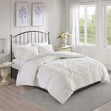 Madison Park Tufted Chenille 100% Cotton Duvet- Modern Luxe All Season Comforter Cover Bed Set with Matching Shams, King/Cal King(104"x92"), Damask Off White 3 Piece