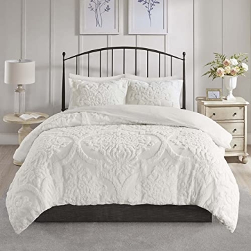 Madison Park Tufted Chenille 100% Cotton Duvet- Modern Luxe All Season Comforter Cover Bed Set with Matching Shams, King/Cal King(104"x92"), Damask Off White 3 Piece