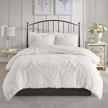 Madison Park Tufted Chenille 100% Cotton Duvet- Modern Luxe All Season Comforter Cover Bed Set with Matching Shams, King/Cal King(104"x92"), Damask Off White 3 Piece