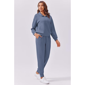 PINSPARK Lounge Sets for Women 2 Piece Long Sleeve Tracksuit Sweatsuit Half Zip Jogger Set Matching Set 2024 Fall Travel Outfit,Blue X-Large
