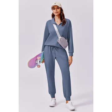 PINSPARK Lounge Sets for Women 2 Piece Long Sleeve Tracksuit Sweatsuit Half Zip Jogger Set Matching Set 2024 Fall Travel Outfit,Blue X-Large