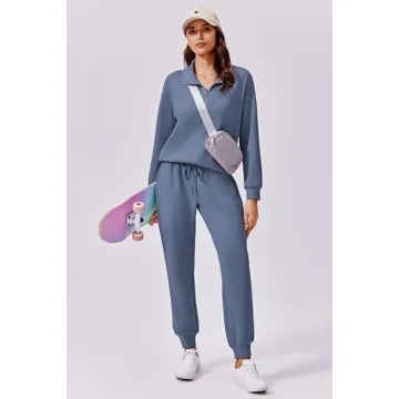 PINSPARK Lounge Sets for Women 2 Piece Long Sleeve Tracksuit Sweatsuit Half Zip Jogger Set Matching Set 2024 Fall Travel Outfit,Blue X-Large