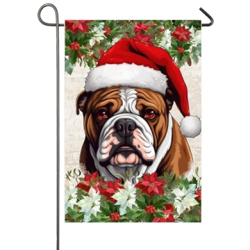 Christmas Dog Garden Flag English Bulldog with Santa Hat Yard Flag 12x18 Inch Double Sided for Outsi...