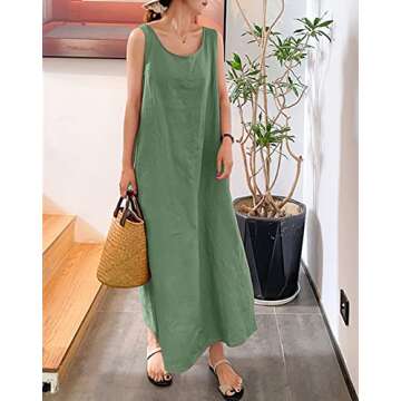 chouyatou Women's Summer Casual Sleeveless Cotton Sun Dress Maxi Tunic Tank Beach Dress with Pocket (X-Large, Green)
