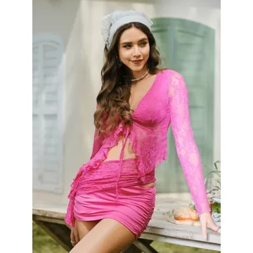CSDAJIO Women's Floral Lace Crop Top & Mini Skirt Set