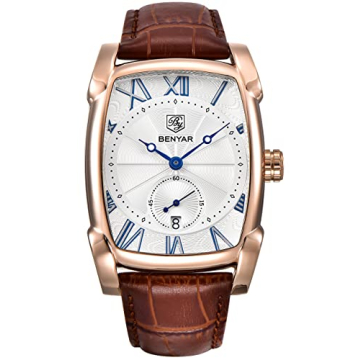 BENYAR Waterproof Classic Rectangle Case Vintage Design Watches Leather Strap Business Casual Wrist ...