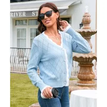 V FOR CITY Teacher Cardigan Work Cropped Sweater Lightweight Crochet Office Tops for Women Trendy Spring 2025 Light Blue Large