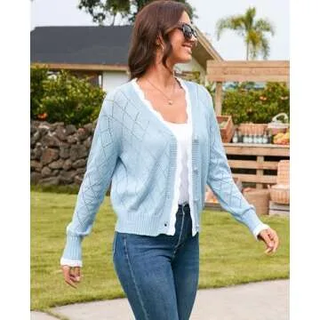 V FOR CITY Teacher Cardigan Work Cropped Sweater Lightweight Crochet Office Tops for Women Trendy Spring 2025 Light Blue Large