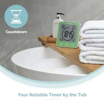 KADAMS Digital Bathroom Shower Kitchen Wall Clock Timer with Alarm, Waterproof for Water Spray, Touch Screen Timer, Temperature Humidity, Suction Cup Hanging Hole Stand - Green