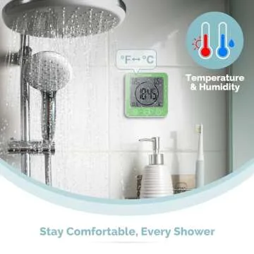 KADAMS Digital Bathroom Shower Kitchen Wall Clock Timer with Alarm, Waterproof for Water Spray, Touch Screen Timer, Temperature Humidity, Suction Cup Hanging Hole Stand - Green