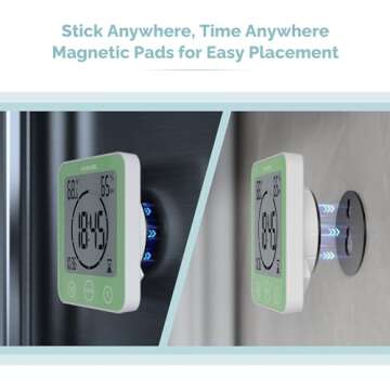 KADAMS Digital Bathroom Shower Kitchen Wall Clock Timer with Alarm, Waterproof for Water Spray, Touch Screen Timer, Temperature Humidity, Suction Cup Hanging Hole Stand - Green