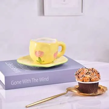 Koythin Ceramic Tulip Coffee Mug with Saucer for Home