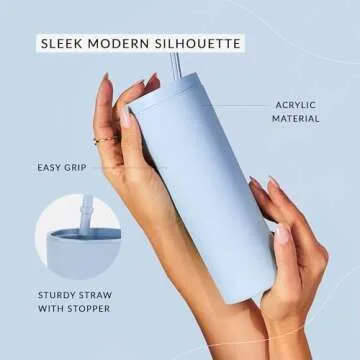 Maars Skinny Acrylic Tumbler with Lid and Straw | 18oz Premium Insulated Double Wall Plastic Reusable Cups - Matte Dusty Blue, 8 Pack