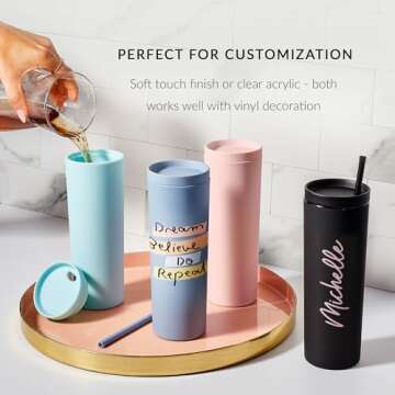 Maars Skinny Acrylic Tumbler with Lid and Straw | 18oz Premium Insulated Double Wall Plastic Reusable Cups - Matte Dusty Blue, 8 Pack