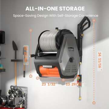 Giraffe Tools Grandfalls Pressure Washer Pro, Electric Wall Mount Power Washer with 100FT Retractable Pressure Hoses, 3300PSI, 1.6GPM, 4 Nozzles, Foam Cannon for Cars/Patios, Dark Silver