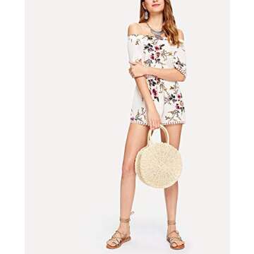 Teeya Straw Crossbody Bag Women Weave Shoulder Bag Round Summer Beach Purse and Handbags, Off White, Medium