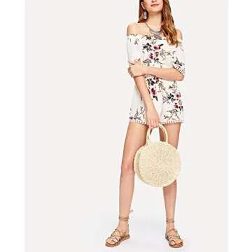 Teeya Straw Crossbody Bag Women Weave Shoulder Bag Round Summer Beach Purse and Handbags, Off White, Medium