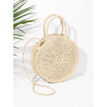 Teeya Straw Crossbody Bag Women Weave Shoulder Bag Round Summer Beach Purse and Handbags, Off White, Medium