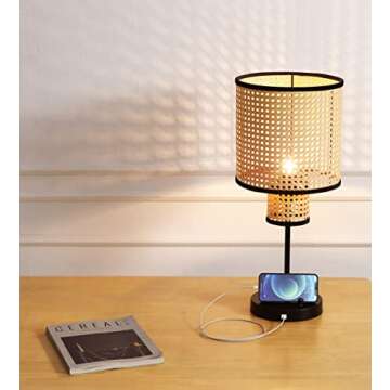 VidaLite Nakuv - Modern Bohemian USB Port Table Lamp with 2 Tier PVC Rattan Shade and Velvet Stiched Rim for Foyer, Kitchen Living Room, Bedroom, Beige