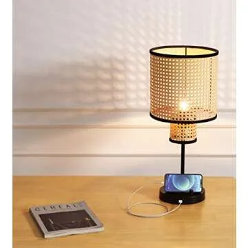 VidaLite Nakuv - Modern Bohemian USB Port Table Lamp with 2 Tier PVC Rattan Shade and Velvet Stiched Rim for Foyer, Kitchen Living Room, Bedroom, Beige