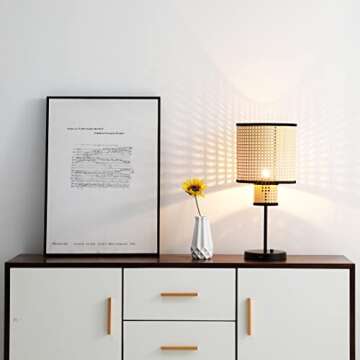 VidaLite Nakuv - Modern Bohemian USB Port Table Lamp with 2 Tier PVC Rattan Shade and Velvet Stiched Rim for Foyer, Kitchen Living Room, Bedroom, Beige