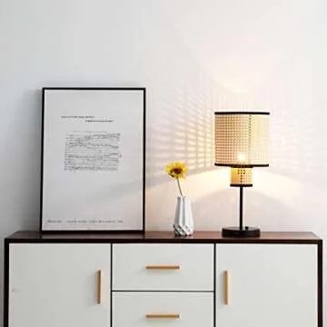 VidaLite Nakuv - Modern Bohemian USB Port Table Lamp with 2 Tier PVC Rattan Shade and Velvet Stiched Rim for Foyer, Kitchen Living Room, Bedroom, Beige