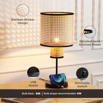 VidaLite Nakuv - Modern Bohemian USB Port Table Lamp with 2 Tier PVC Rattan Shade and Velvet Stiched Rim for Foyer, Kitchen Living Room, Bedroom, Beige