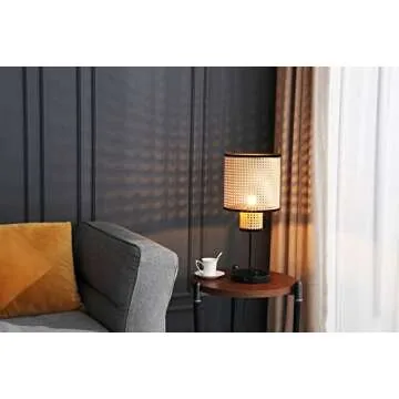 VidaLite Nakuv - Modern Bohemian USB Port Table Lamp with 2 Tier PVC Rattan Shade and Velvet Stiched Rim for Foyer, Kitchen Living Room, Bedroom, Beige