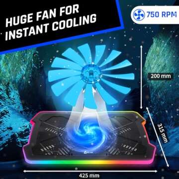 KLIM Ultimate - RGB Laptop Cooling Pad with LED Rim - New 2024 - Gaming Laptop Cooler - USB Powered Fan - Very Stable and Silent Laptop Stand - Compatible up to 17" - PC Mac PS5 PS4 Xbox One