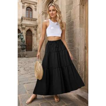 ADWAXDA Boho Maxi Skirts for Women,Fall Floral Flowy Long Skirt,Casual High Waist Tie Paisley Print A Line Skirt with Pocket Black