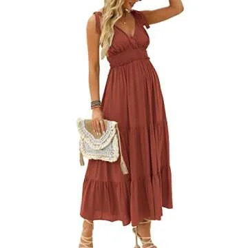 DEEP SELF Womens Summer Deep V Neck Backless Tie Strap Long Summer Dress Maxi Dress Ruffle Hem High Waist Long Flowy Dresseses Rusty Red