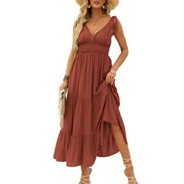 DEEP SELF Womens Summer Deep V Neck Backless Tie Strap Long Summer Dress Maxi Dress Ruffle Hem High Waist Long Flowy Dresseses Rusty Red