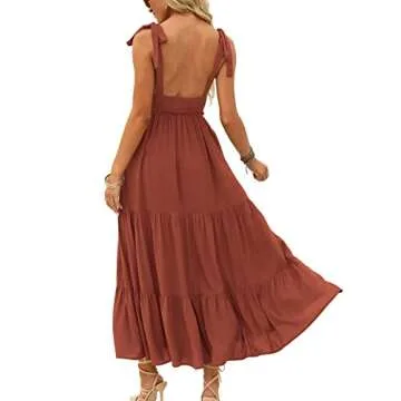 DEEP SELF Womens Summer Deep V Neck Backless Tie Strap Long Summer Dress Maxi Dress Ruffle Hem High Waist Long Flowy Dresseses Rusty Red