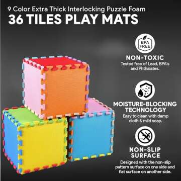 BalanceFrom 0.4 Inch Thick Large Non Slip Interlocking EVA Foam Puzzle Home Floor Play Mat Set w/ Edges & 36 Tiles in 9 Colors, Covers 36 Square Feet