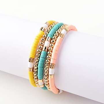 GOOJIDS Surfer Heishi Clay Bead Bracelets for Women Bohemian Stackable Gold Beaded Stretch Bracelets Elastic Layering Friendship Bracelets Set Boho Jewelry