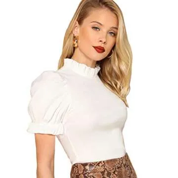 Floerns Women's Casual Frill Mock Neck Short Puff Sleeve Keyhole Back Work Office Blouse A White M