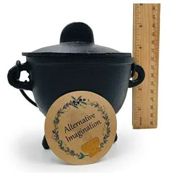 Alternative Imagination Cast Iron Cauldron with Lid and Handles. Perfect for Incense, Rituals, Home Decor, and More - 4.25 Inches Diameter