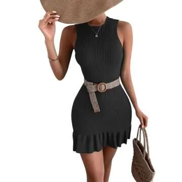MakeMeChic Women's Sleeveless Sweater Dress Crochet Ribbed Knit Ruffle Hem Bodycon Mini Dresses Black M