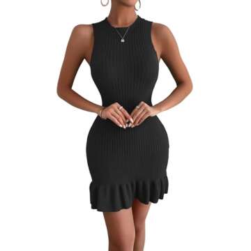 MakeMeChic Women's Sleeveless Sweater Dress Crochet Ribbed Knit Ruffle Hem Bodycon Mini Dresses Black M