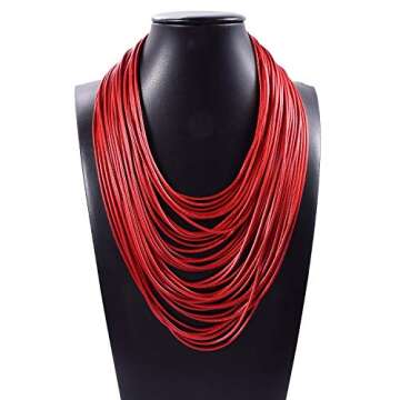 Yuhuan Necklace Women Fashion Bib Choker 36 Layers Wax Line Collar Statement Jewelry (Red)