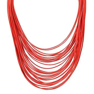 Yuhuan Necklace Women Fashion Bib Choker 36 Layers Wax Line Collar Statement Jewelry (Red)