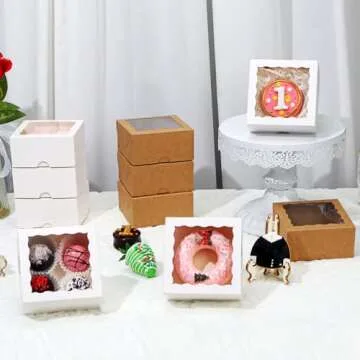 RomanticBaking 40 Pack Bakery Boxes 4x4x2 Inches Cookies Boxes Mini Bundt Cake Boxes Pie Boxes Cinnamon Roll Treat Boxes Chocolate Truffle Boxes Party Wedding Favor