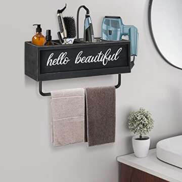 Anwelynd Rustic Hair Dryer Holder Wall Mounted, Hair Tools and Styling Organizer with Towel Bar, Far...
