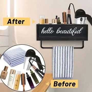 Anwelynd Rustic Hair Dryer Holder Wall Mounted, Hair Tools and Styling Organizer with Towel Bar, Farmhouse Beauty Hair Appliance Holder for Flat Iron, Curling Wand, Towel Rack