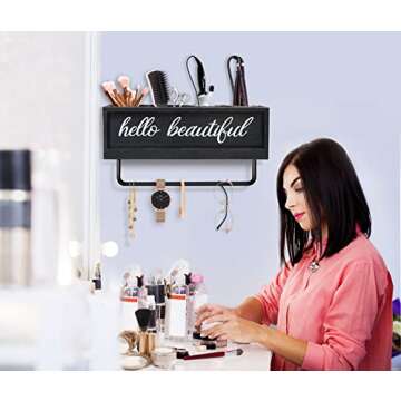 Anwelynd Rustic Hair Dryer Holder Wall Mounted, Hair Tools and Styling Organizer with Towel Bar, Farmhouse Beauty Hair Appliance Holder for Flat Iron, Curling Wand, Towel Rack